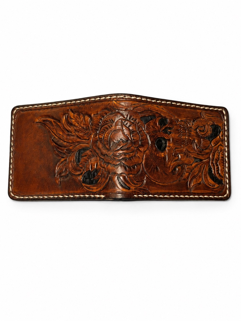 Handmade Tooled Leather Bifold Wallet Floral Rose Skull Genuine Leather